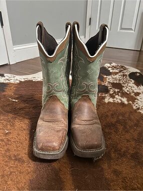 Justin Boots Brown Leather & Green Stitch Western Work Boots